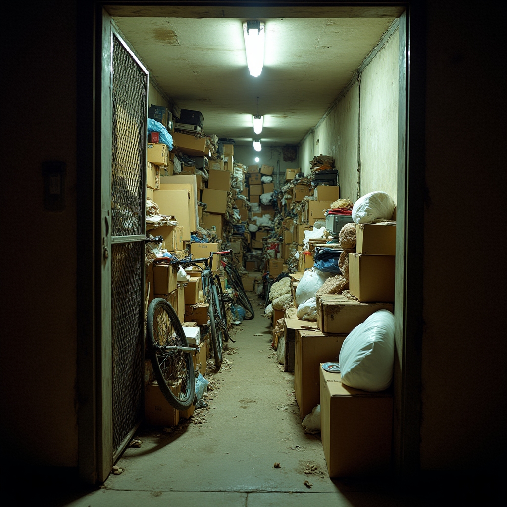 Cluttered apartment storage unit before organization