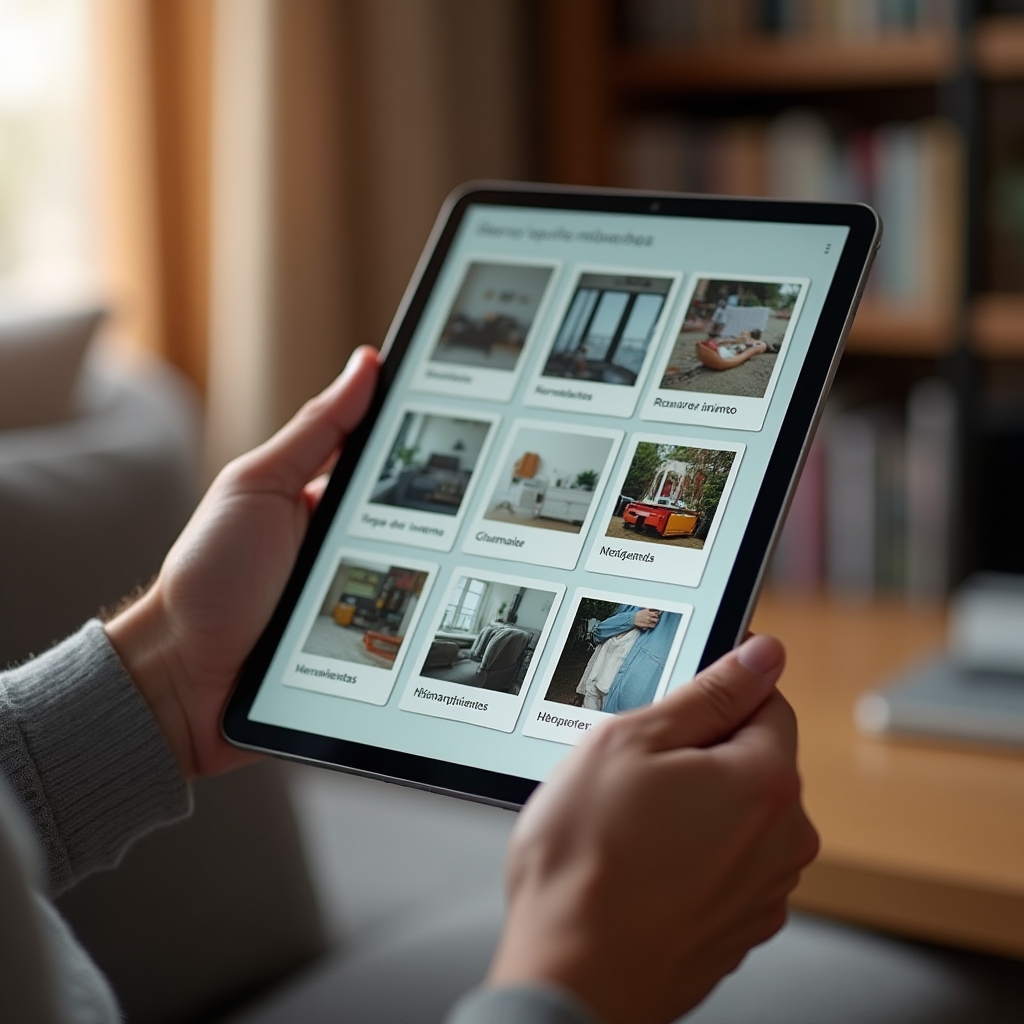 Digital photo inventory document showing organised storage items on a tablet