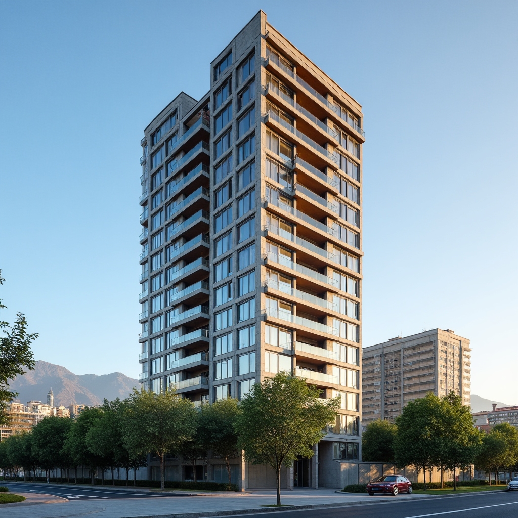 Modern residential apartment tower in Santiago Chile against urban skyline