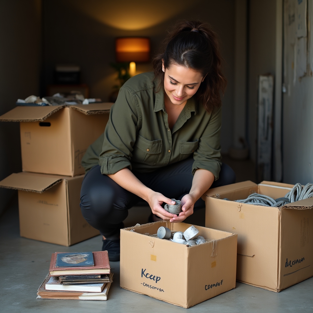 Professional sorting items from a storage unit into organised categories